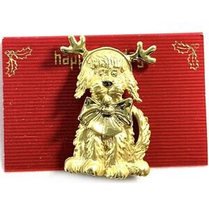 Vintage Goldtone Christmas Dog Wearing Antlers Brooch